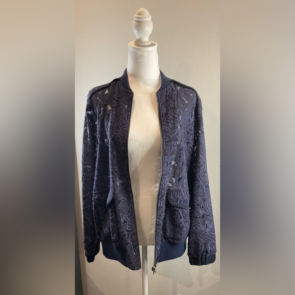 Anthropologie Elevenses Navy Blue Lace Bomber Jacket - Picture 5 of 16
